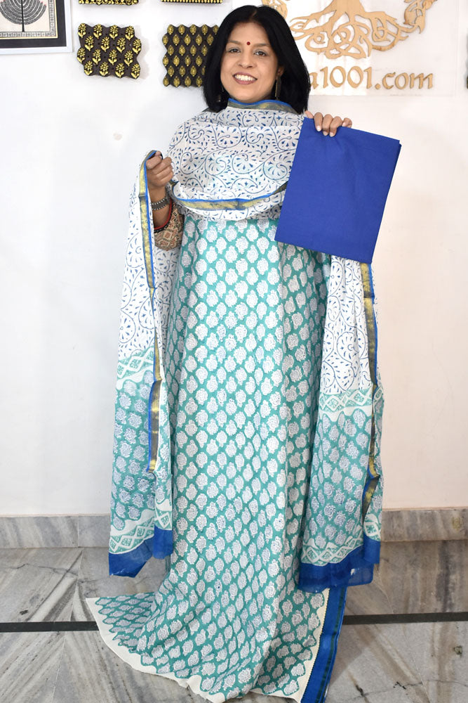Beautiful Hand Block Printed Cotton unstitched suit fabric with Woven Borders Cotton dupatta