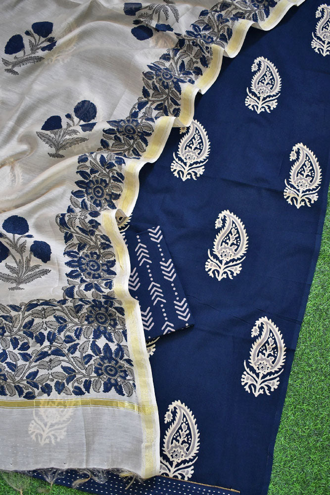 Elegant Hand Block print cotton suit with Chanderi dupatta