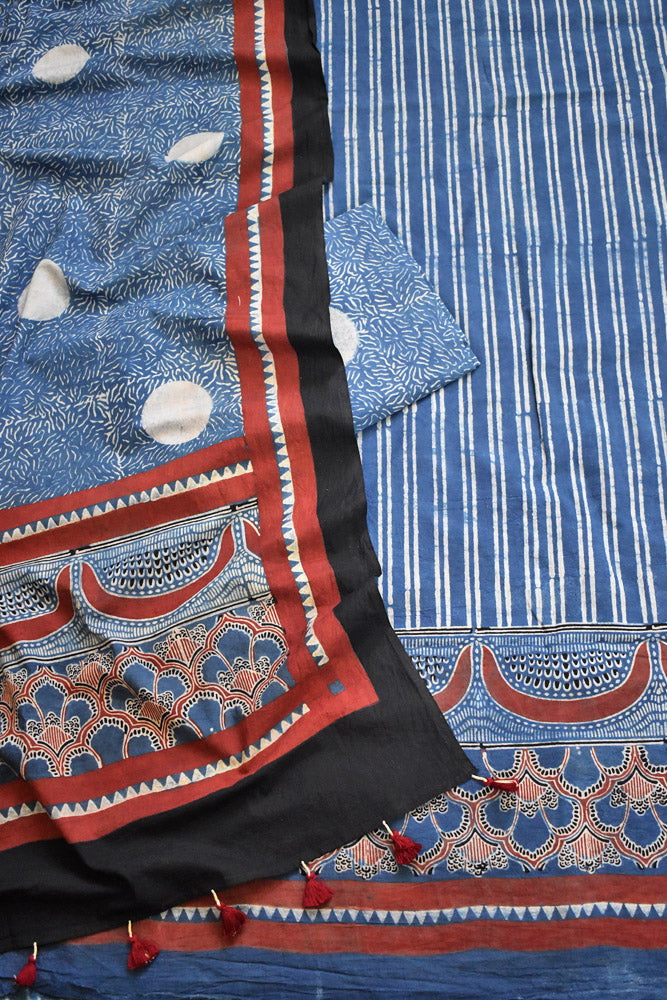 Block Print Ajrakh Cotton Suit with designer Ajrakh neck yoke /panel & Dupatta