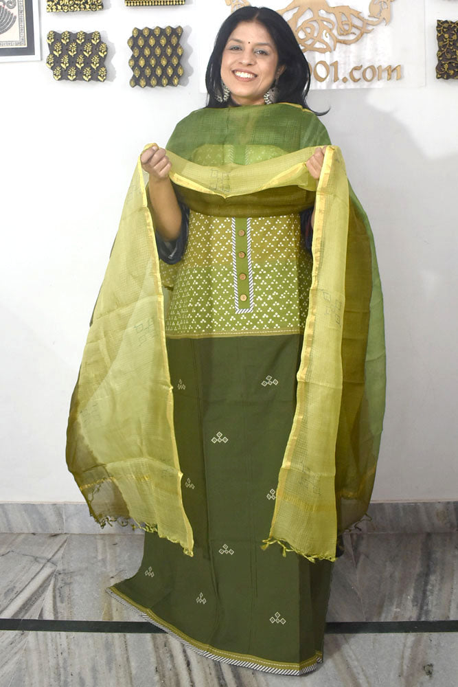 Beautiful Hand Block Printed Cotton Unstitched Suit Fabric & Kota Silk dupatta With Cotton bottom
