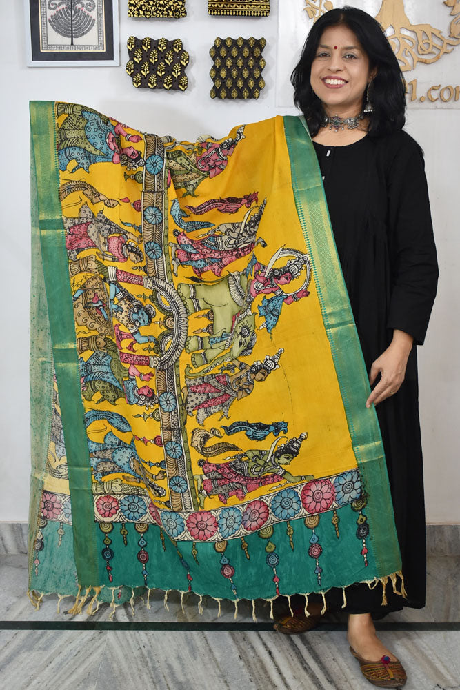 Beautiful Bangalore Cotton Silk Hand Painted Kalamkari Dupatta