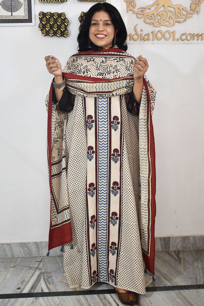 Block Print Ajrakh Cotton Suit with designer Ajrakh neck yoke /panel & Long Stole