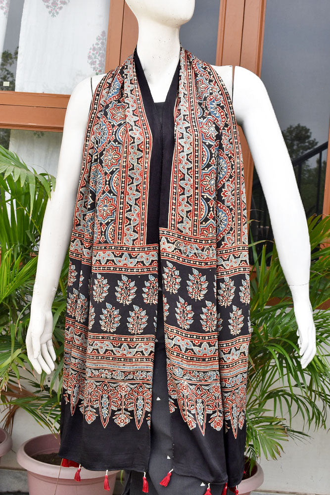Beautiful Hand Block Printed Ajrakh Modal Silk stole with Tassels