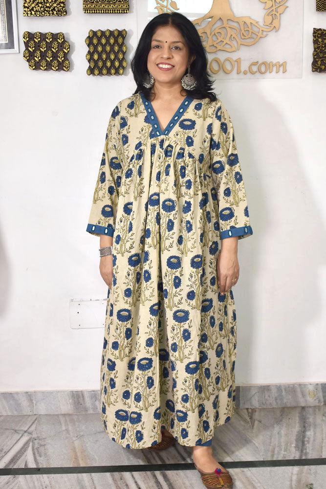 Designer Hand Block Printed Ajrakh cotton Kurta with Alia Cut and Kutch Mirror work - Size 40 to 44 ( all sizes)