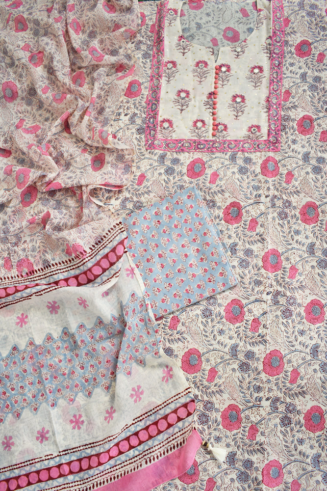 Beautiful Cotton Unstitched Suit Fabric with Embroidery, sequin & mirror work & Mul cotton dupatta