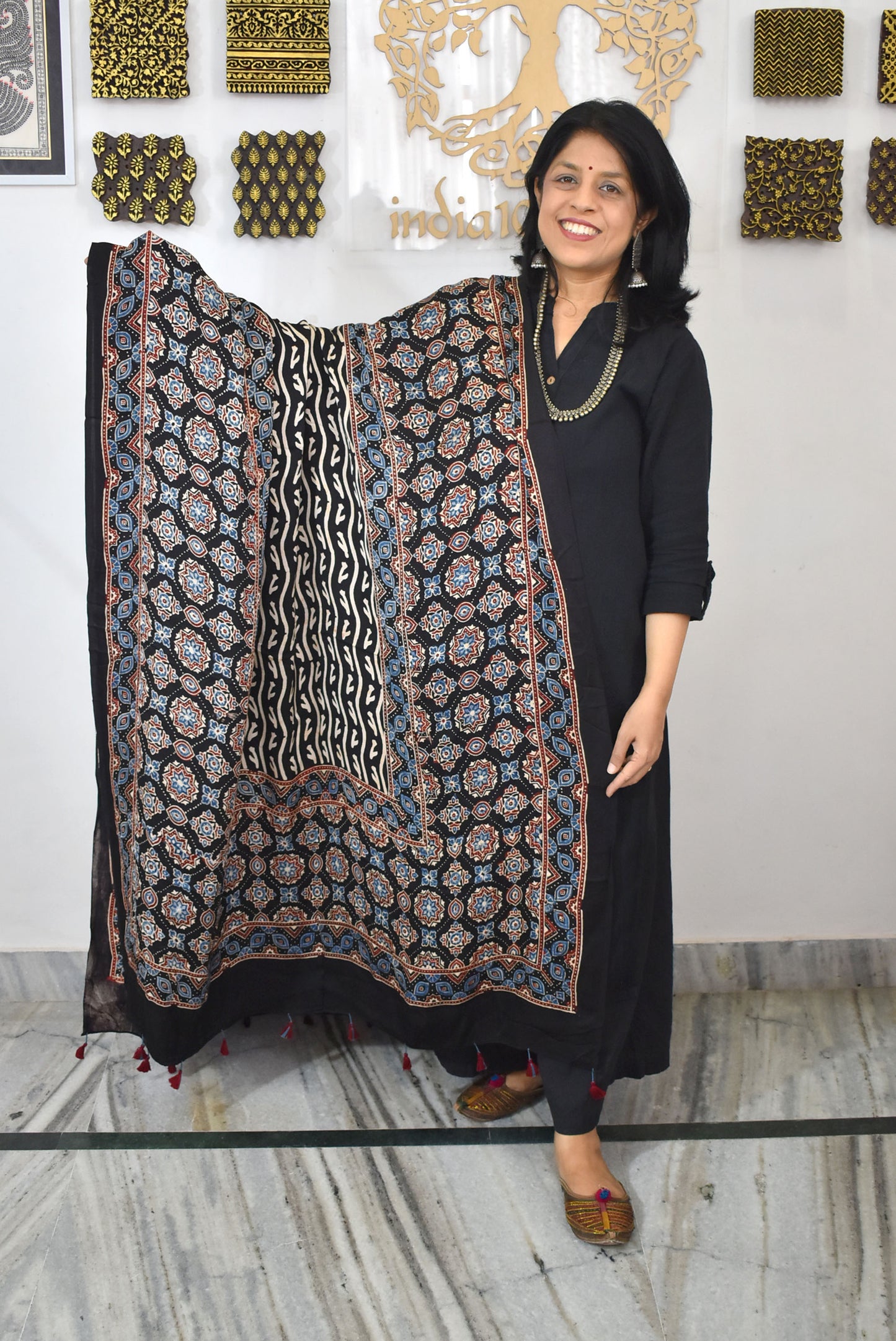 Designer Modal Silk Ajrakh Block Print Dupatta with tassels