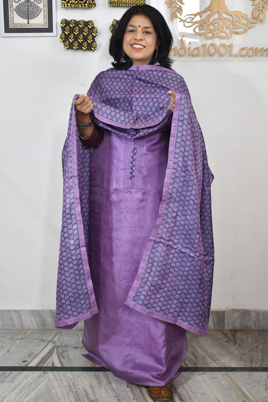 Semi Stitched Block Printed Tussar Silk Dupatta  & Tussar Kurta Fabric