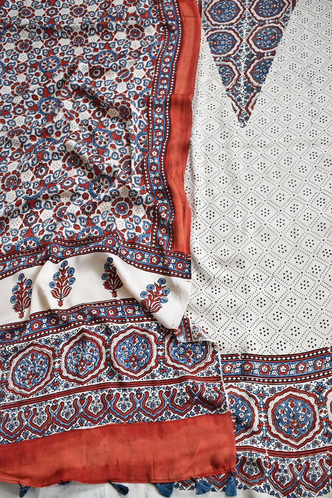 Designer Ajrakh Modal Kurta and Dupatta Set with Neck yoke and panel design