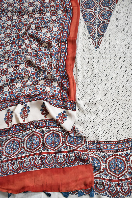 Designer Ajrakh Modal Kurta and Dupatta Set with  Neck yoke and panel design