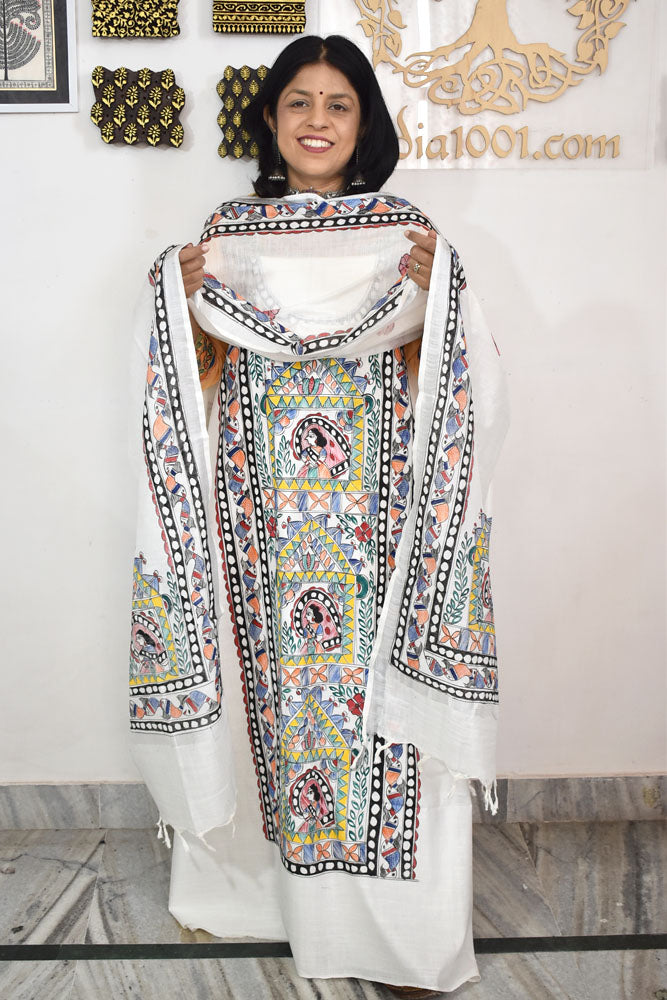 Slub Cotton suit with Hand Painted Madhubani Art patterns