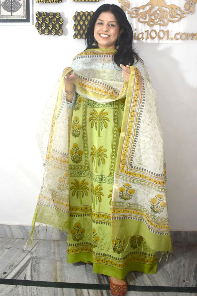 Designer Hand Block Print Cotton suit with Chanderi dupatta