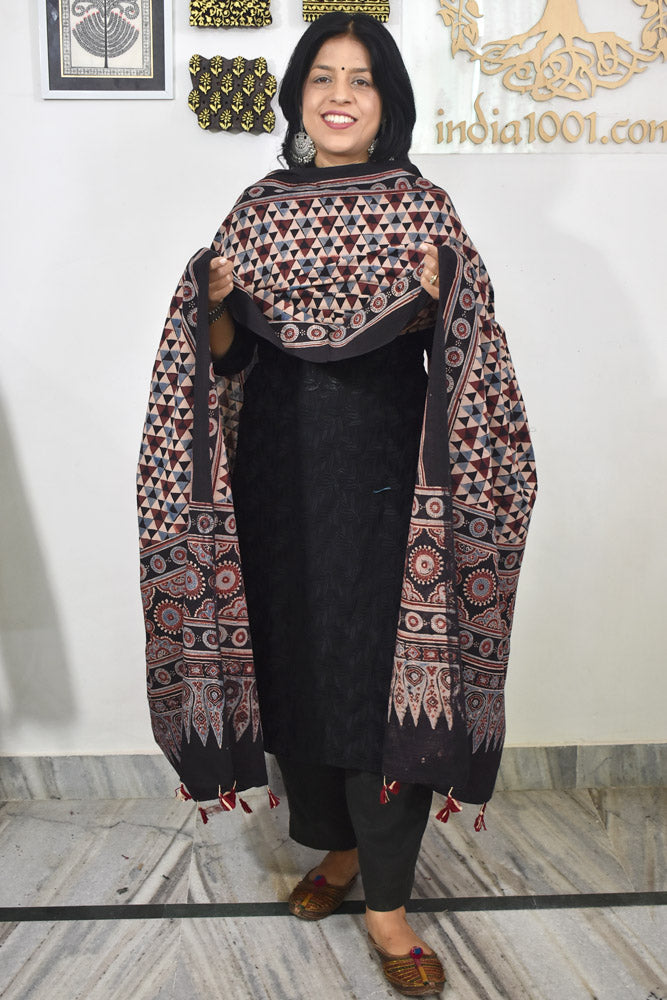 Ajrakh Hand Block Printed Cotton Dupatta with Tassels & natural dyes