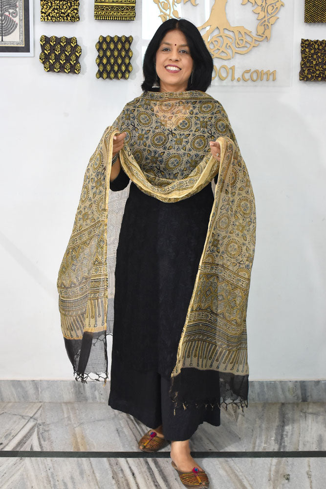 Beautiful Ajrakh Hand Block Printed Kota Dupatta