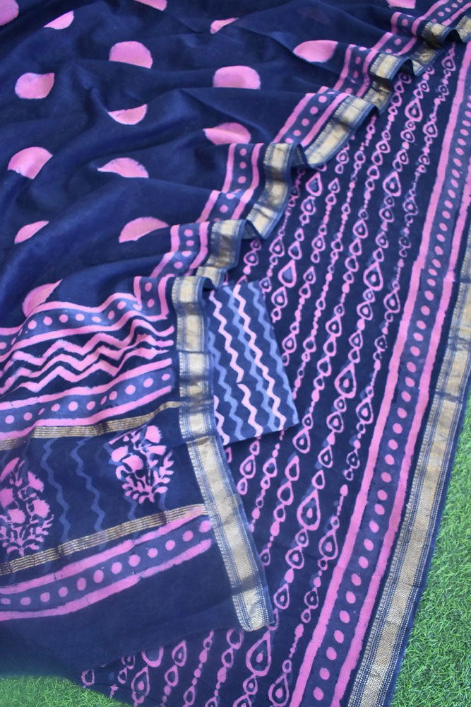 Beautiful Jahota Hand Block Printed Maheshwari Silk Cotton set with Bottom