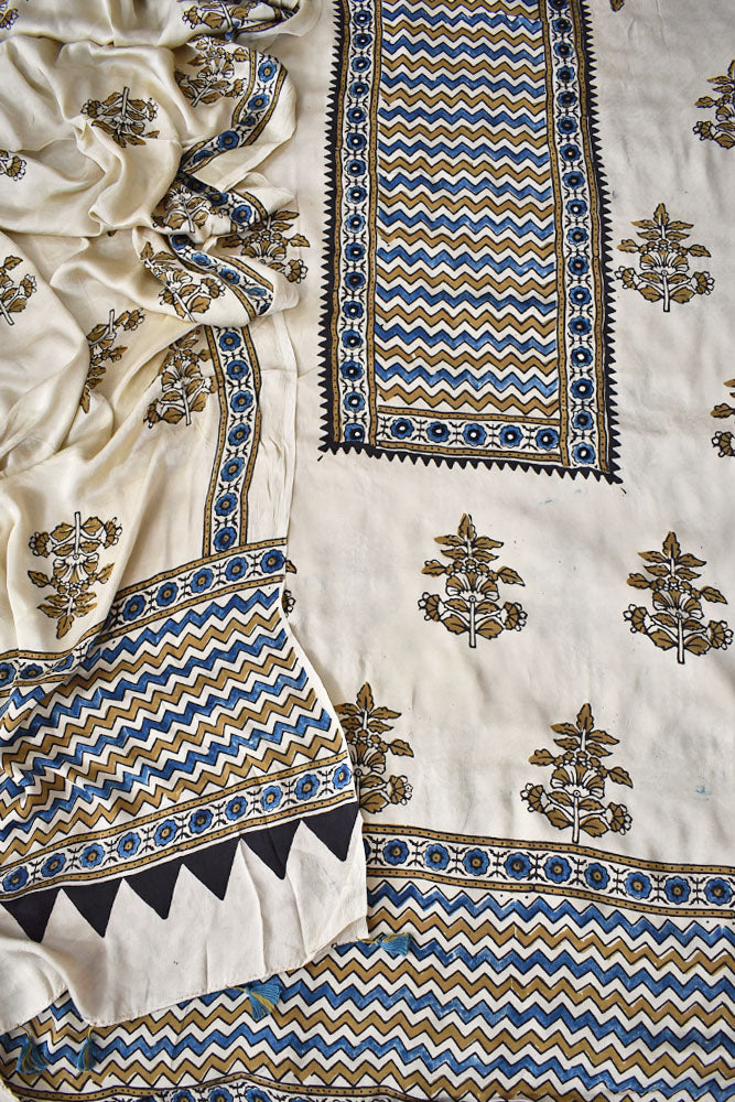 Designer Ajrakh Modal Silk kurta with panel design & Mirror work & modal silk dupatta - 2 piece set