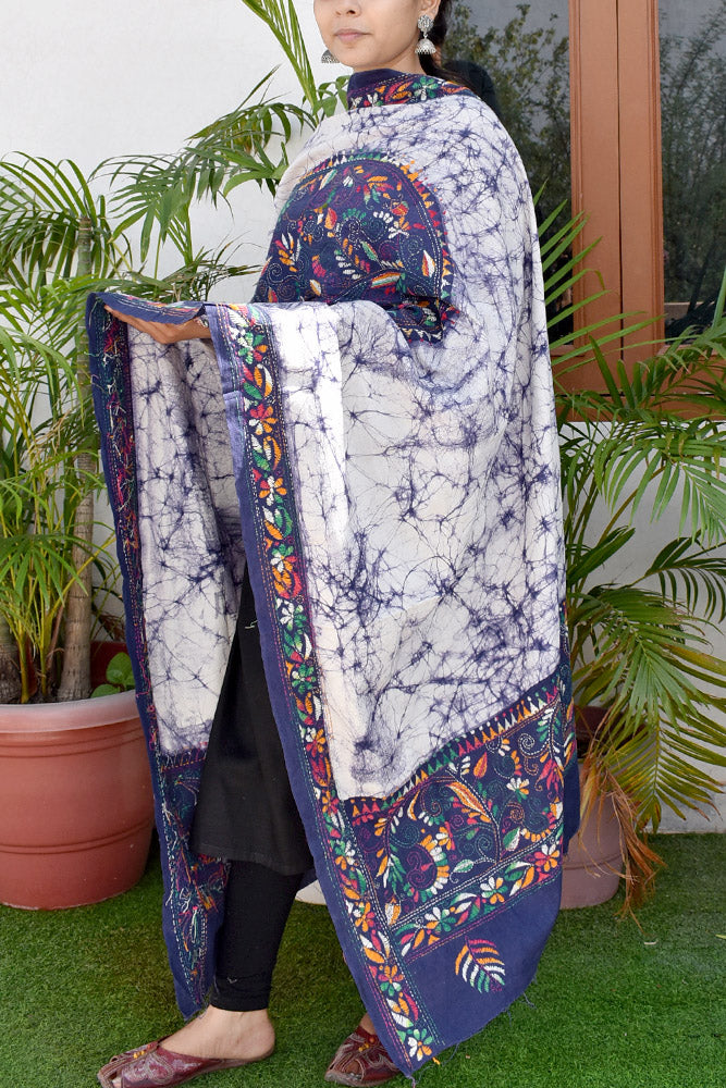 Handcrafted & Handembroidered Cotton Dupatta with Bengal Kantha & Batik work