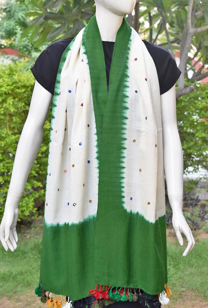 Hand woven Kutch Merino Wool Stole with Mirror work and tassels