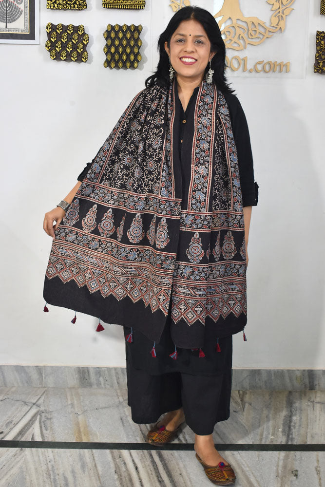 Ajrakh Hand Block Printed Khadi Cotton Stole with Tassels & natural dyes