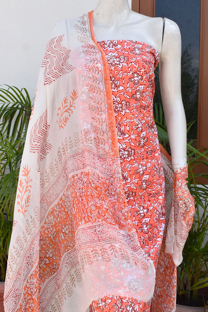 Hand Block Printed Cotton unstitched suit fabric with Chiffon dupatta