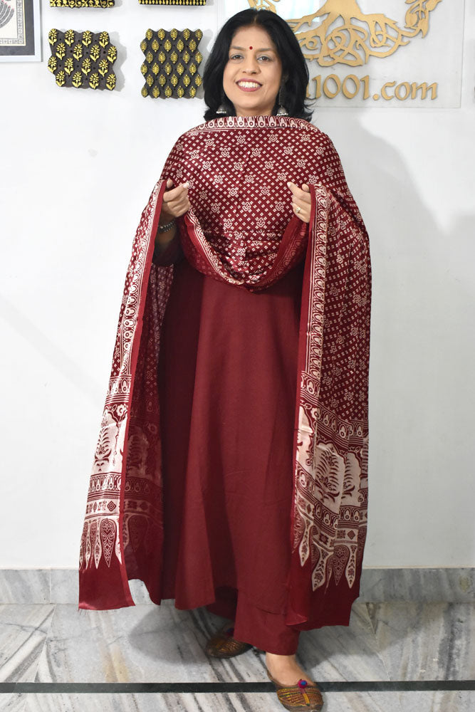 Designer Modal Silk Ajrakh Block Print Dupatta with tassels