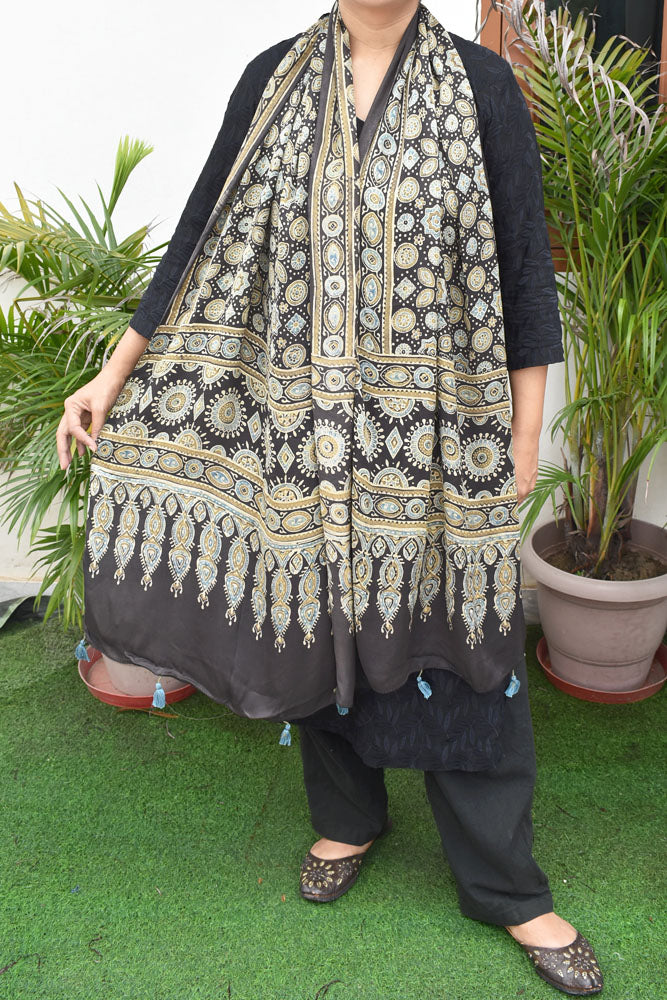 Beautiful Hand Block Printed Ajrakh Modal Silk stole with Tassels