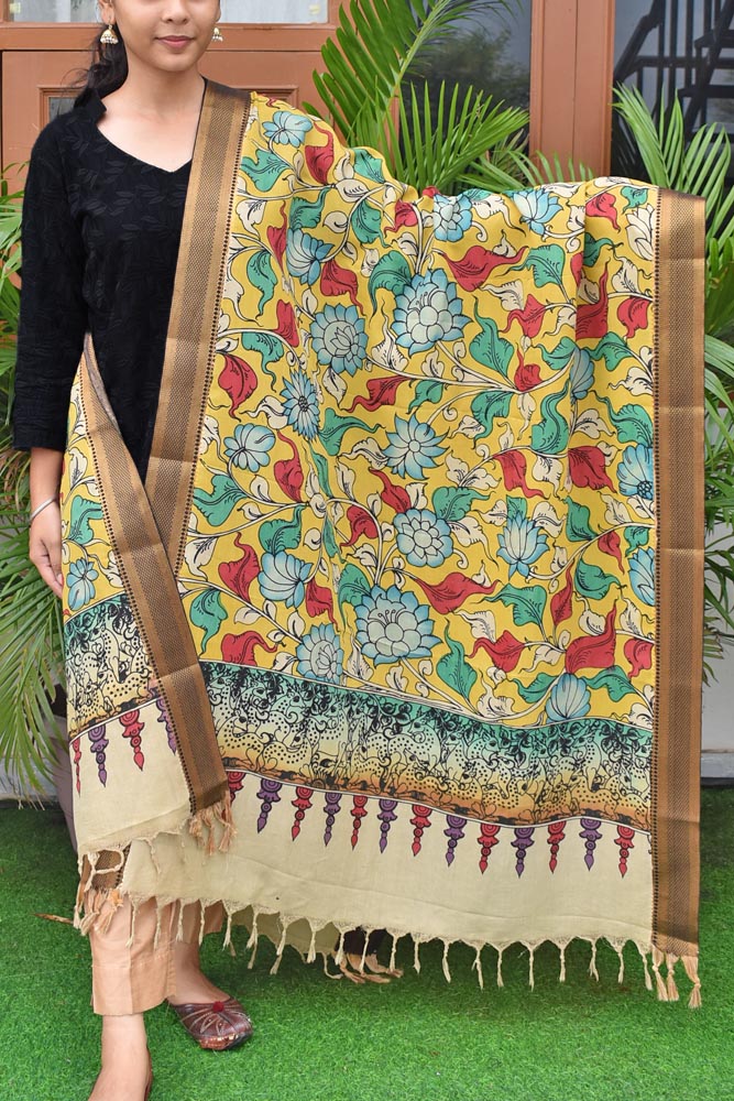 Beautiful Bangalore Cotton Silk Pen Kalamkari Dupatta