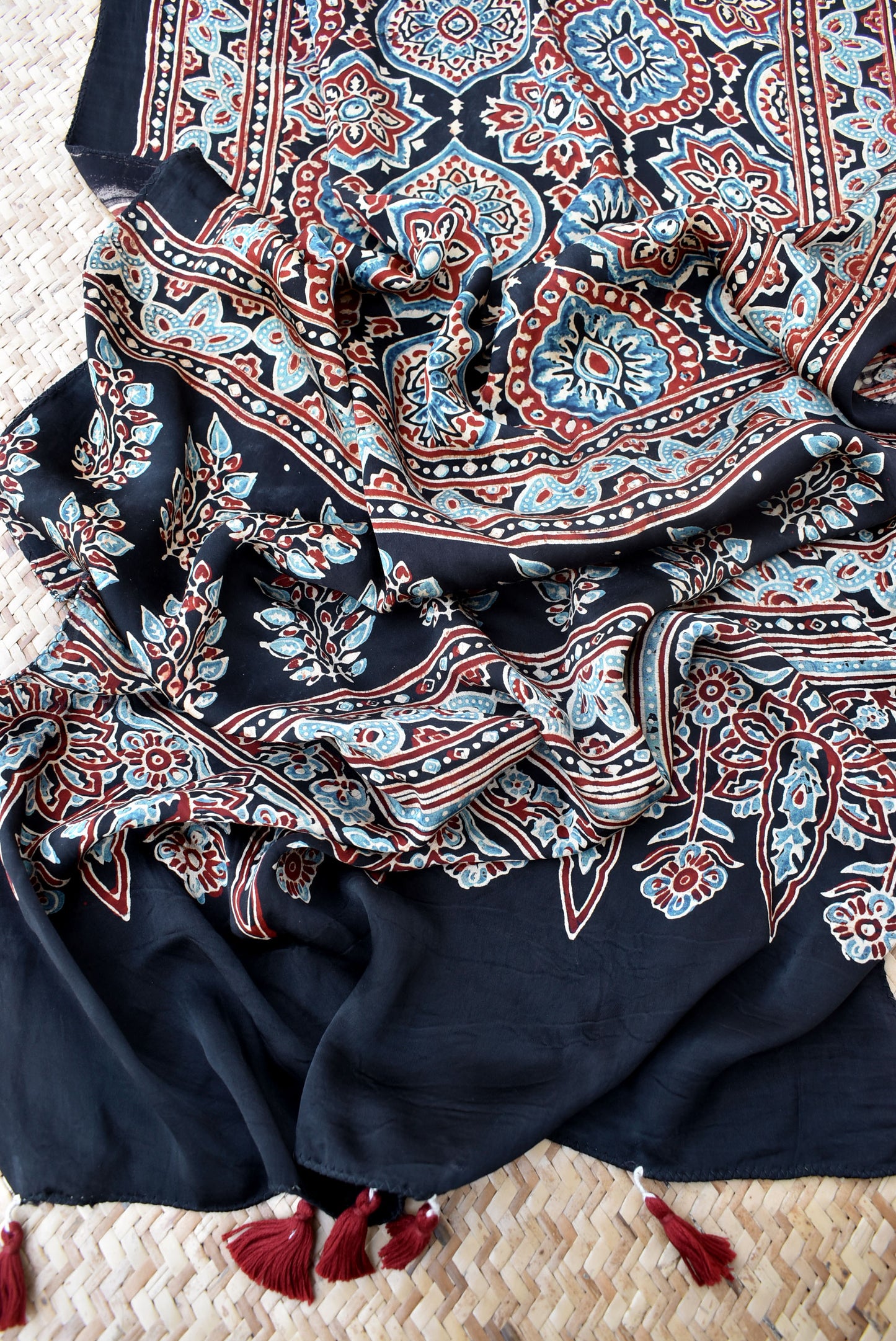 Beautiful Hand Block Printed Ajrakh Modal Silk stole with Tassels