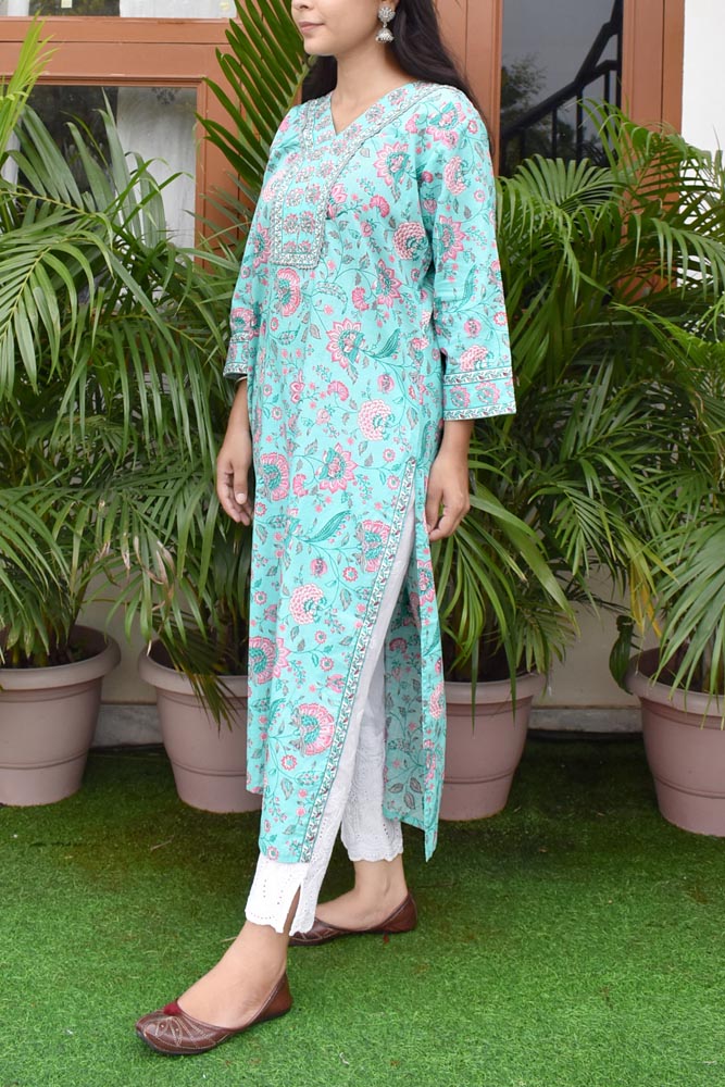 Beautiful Cotton Kurta with Hand Embroidery & Sequins Size - 38, 40, 42, 44