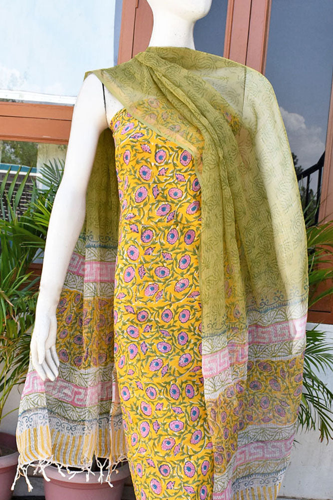 Beautiful Hand Block Printed Cotton unstitched suit fabric with Kota Doria Dupatta