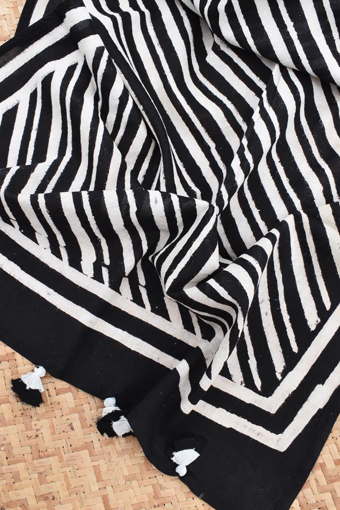 Elegant Hand block printed Cotton stole with cloth tassels