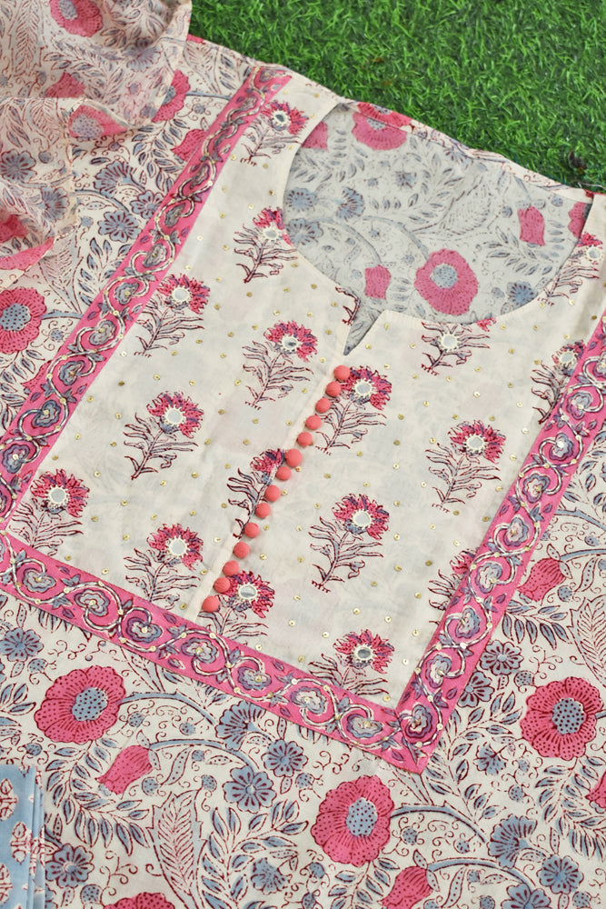 Beautiful Cotton Unstitched Suit Fabric with Embroidery, sequin & mirror work & Mul cotton dupatta