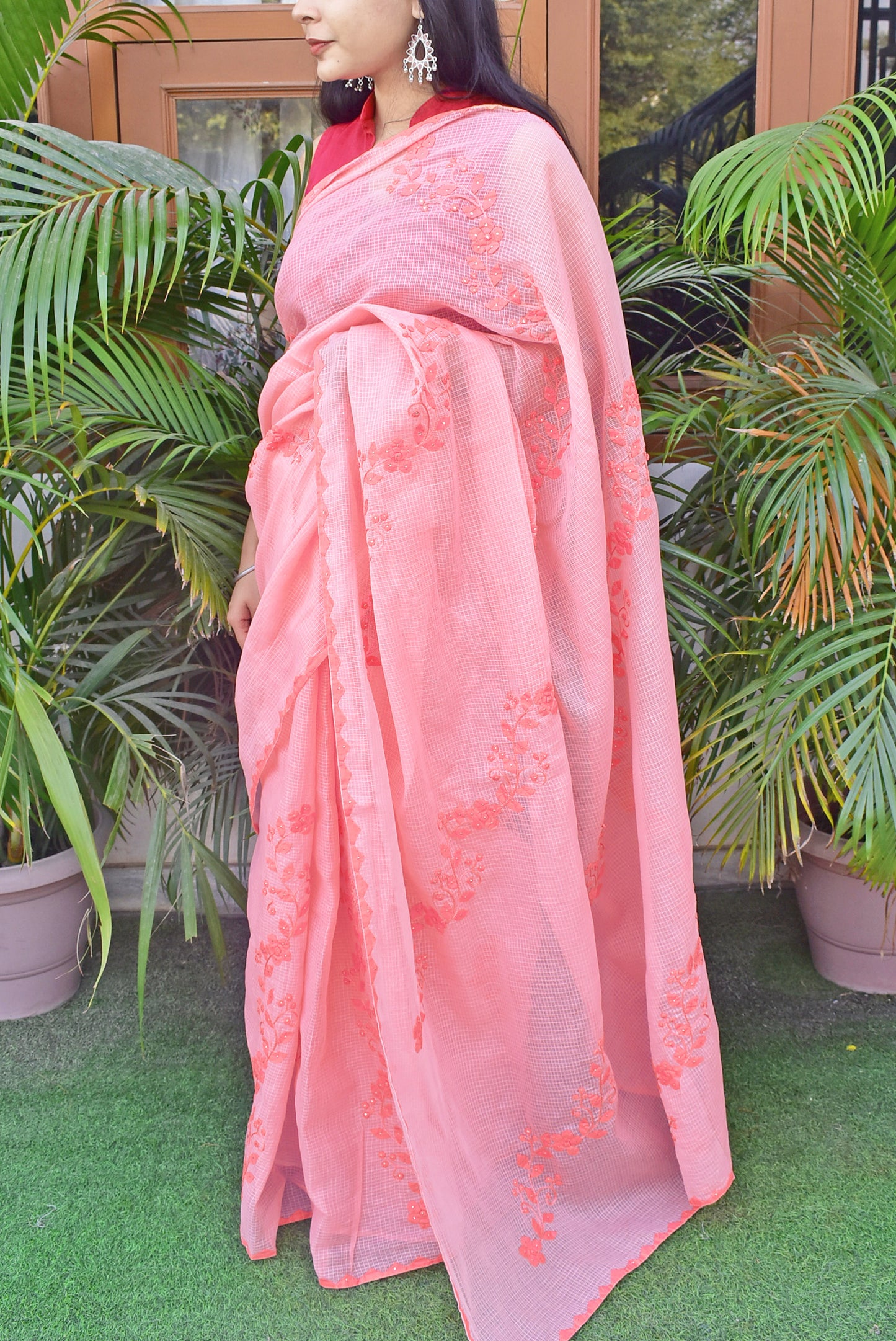 Elegant Kota cotton saree with Aari & Applique Phool Patti work & Muqaish Work