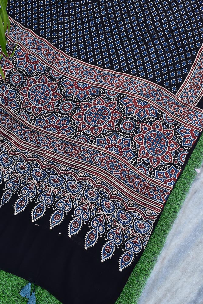 Elegant Modal Silk Ajrakh Block Print Dupatta with tassels