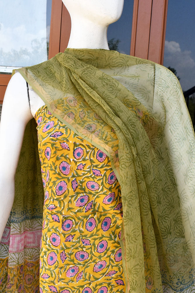 Beautiful Hand Block Printed Cotton unstitched suit fabric with Kota Doria Dupatta