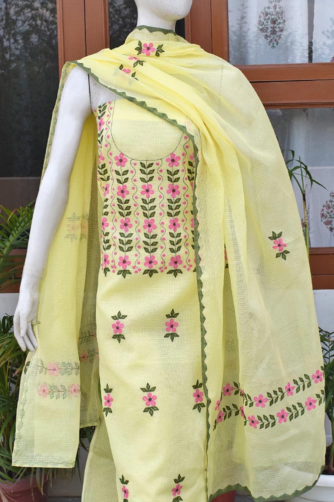 Elegant Kota Unstitched Kurta & Dupatta set with Hand done Phool patti work