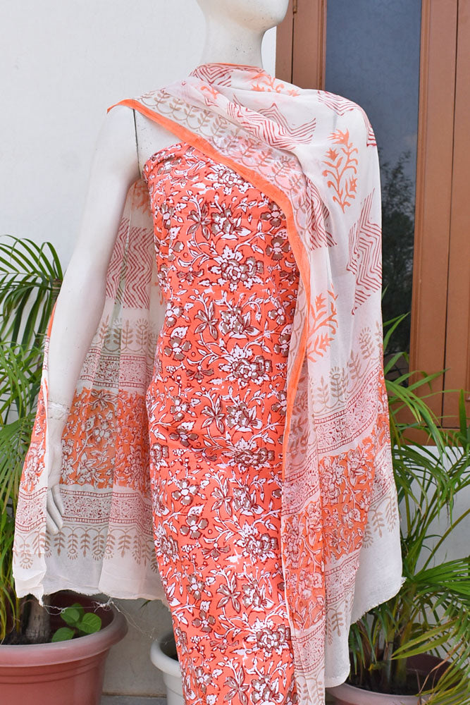 Mohar : Hand Block Printed Cotton unstitched suit fabric with Chiffon dupatta