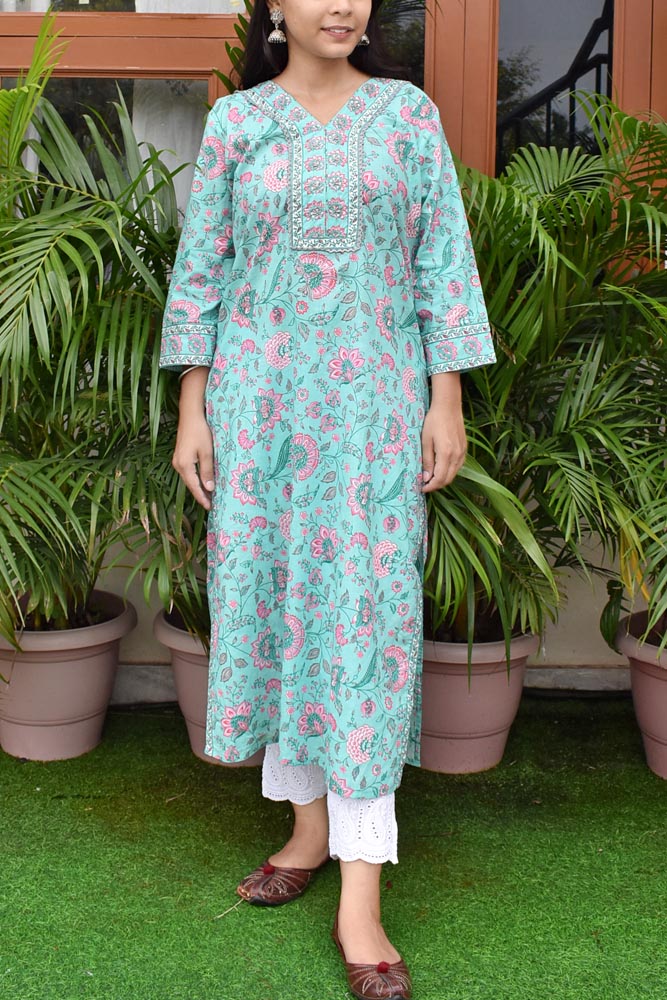 Beautiful Cotton Kurta with Hand Embroidery & Sequins Size - 38, 40, 42, 44