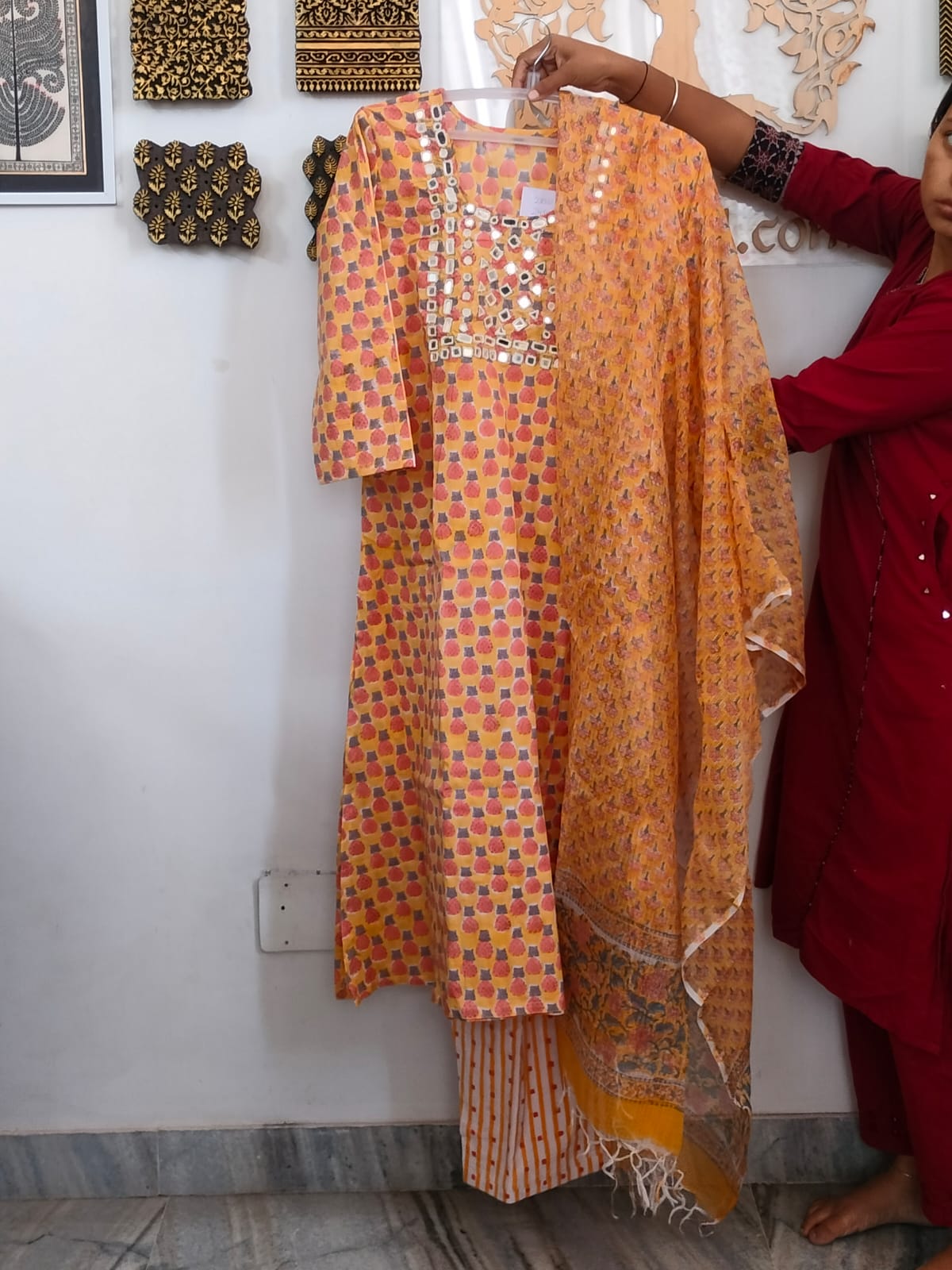 Hand Block Printed Cotton suit with Mirror Work & kota dupatta - Kurta , Dupatta & Pant - size 40