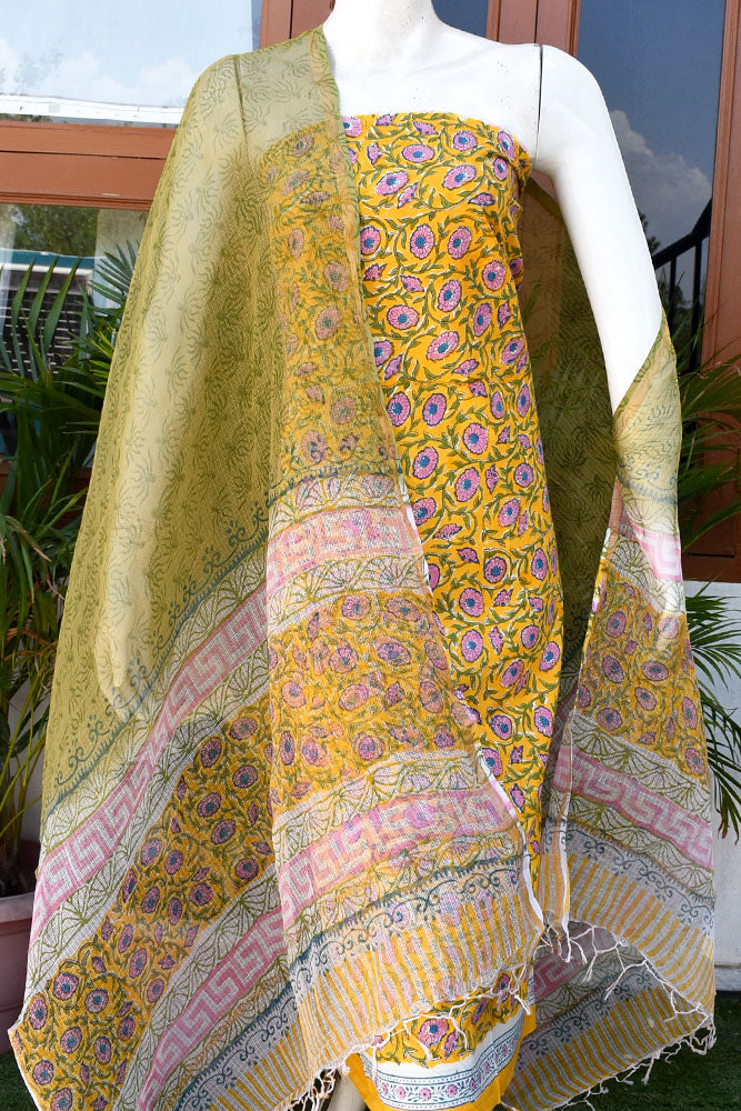 Beautiful Hand Block Printed Cotton unstitched suit fabric with Kota Doria Dupatta