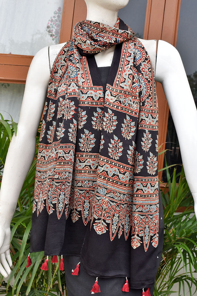 Beautiful Hand Block Printed Ajrakh Modal Silk stole with Tassels