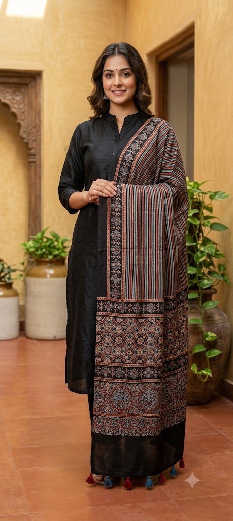 Beautiful Hand Block Printed Ajrakh Modal Silk stole with Tassels