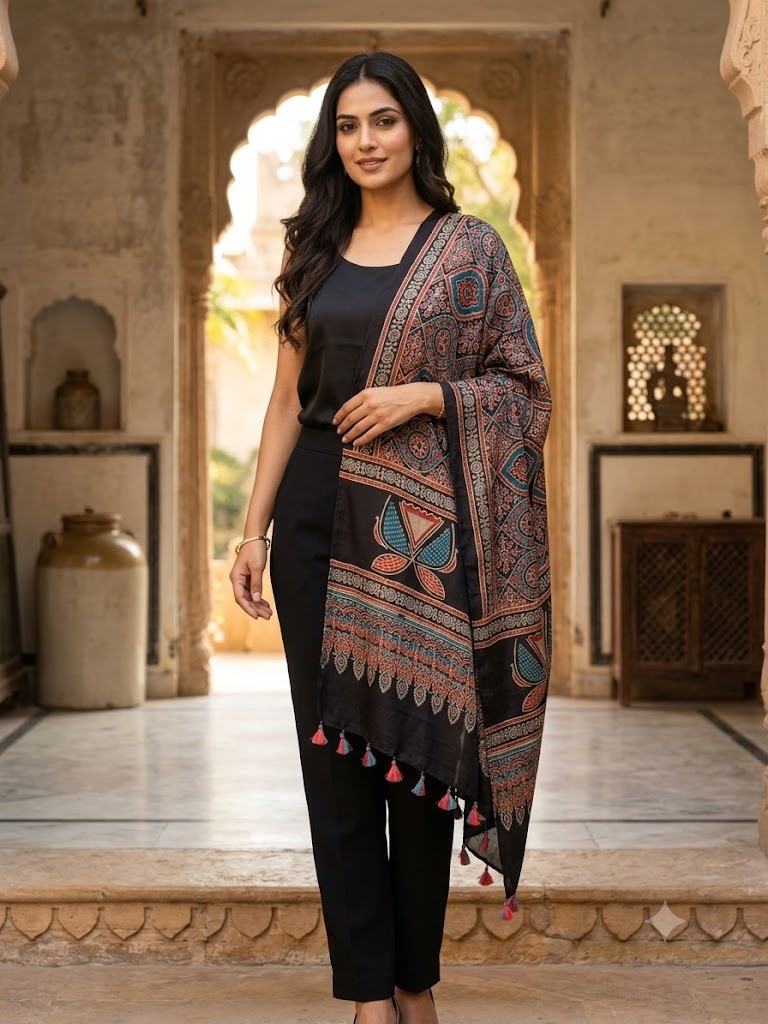 Beautiful Hand Block Printed Ajrakh Modal Silk stole with Tassels