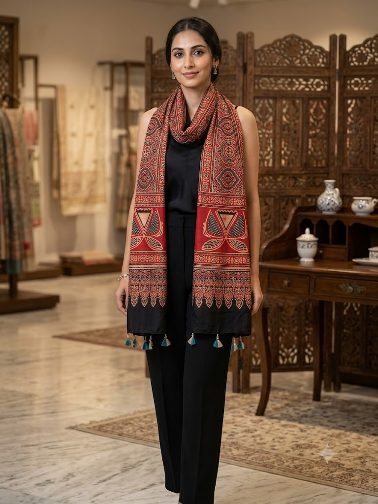 Beautiful Hand Block Printed Ajrakh Modal Silk stole with Tassels