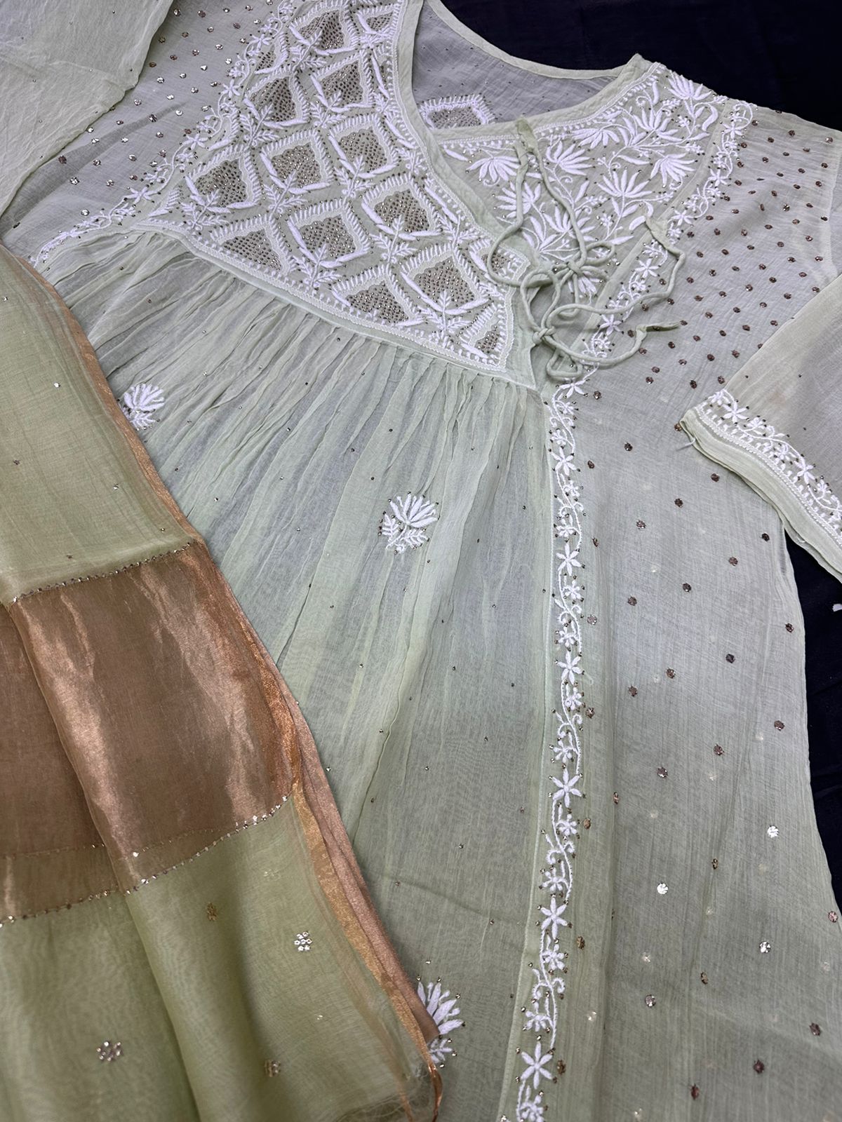 Elegant Mul chanderi silk Semi stitched Angarkha & dupatta set with Chikankari & Muqaish work