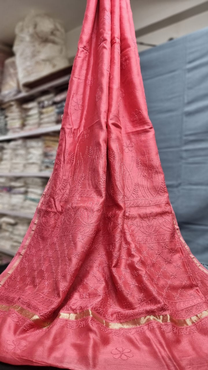 Elegant Chanderi Silk Cotton Saree with Intricate Lucknowi Chikankari work