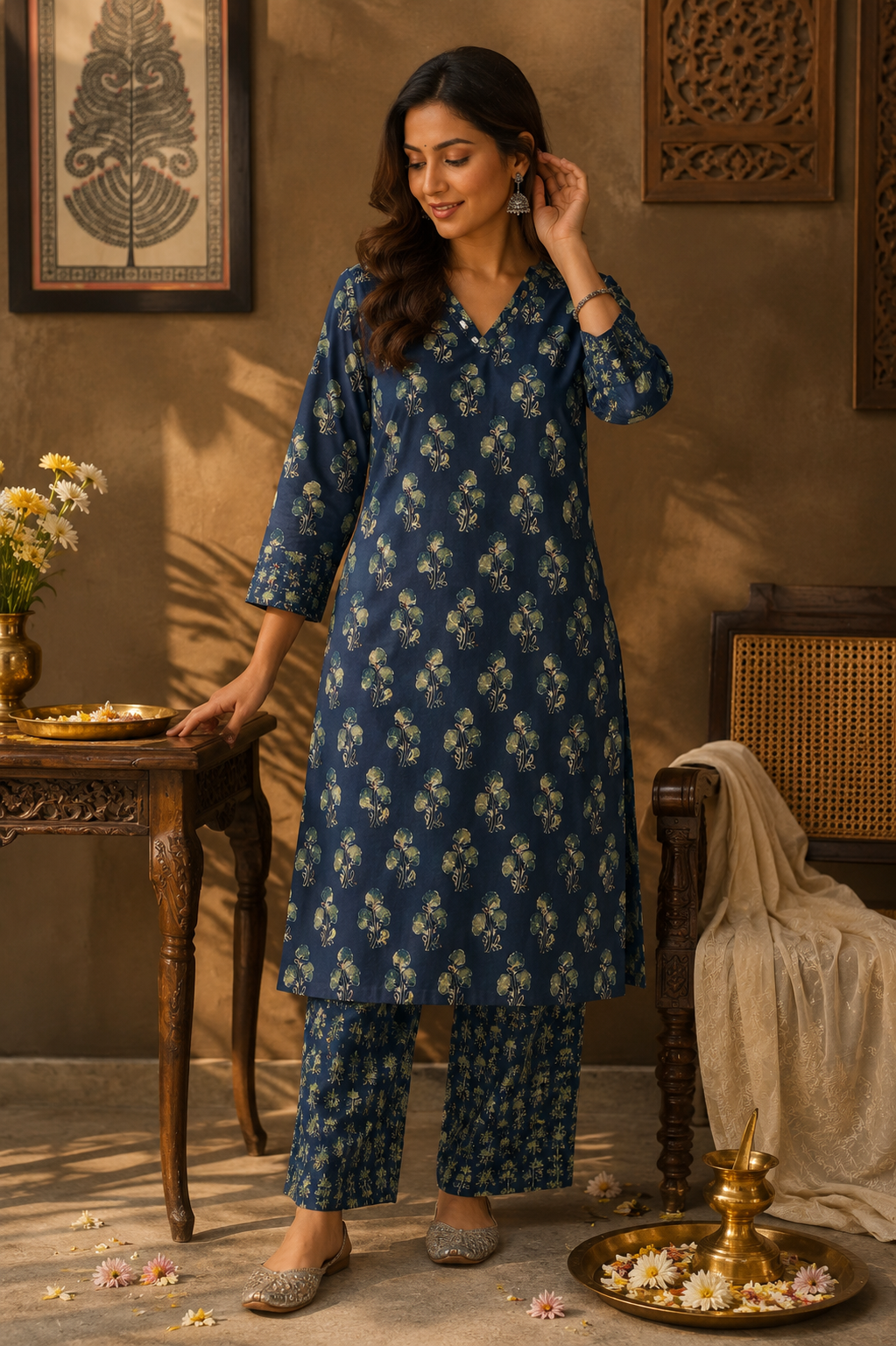 Designer Ajrakh cotton Kurta & Pant With Mirror Work - Size 40 to 44 ( all sizes)