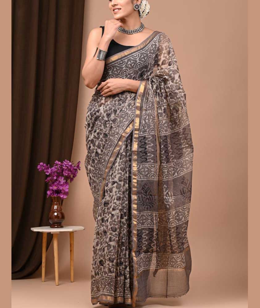 Beautiful Hand Block Printed Kota cotton Saree with zari border