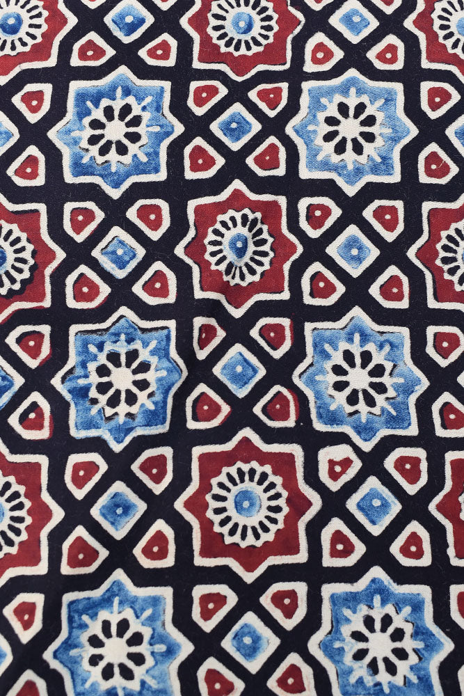 Beautiful Modal Silk Ajrakh Hand Block Print Fabric - 2.5 mtrs cut