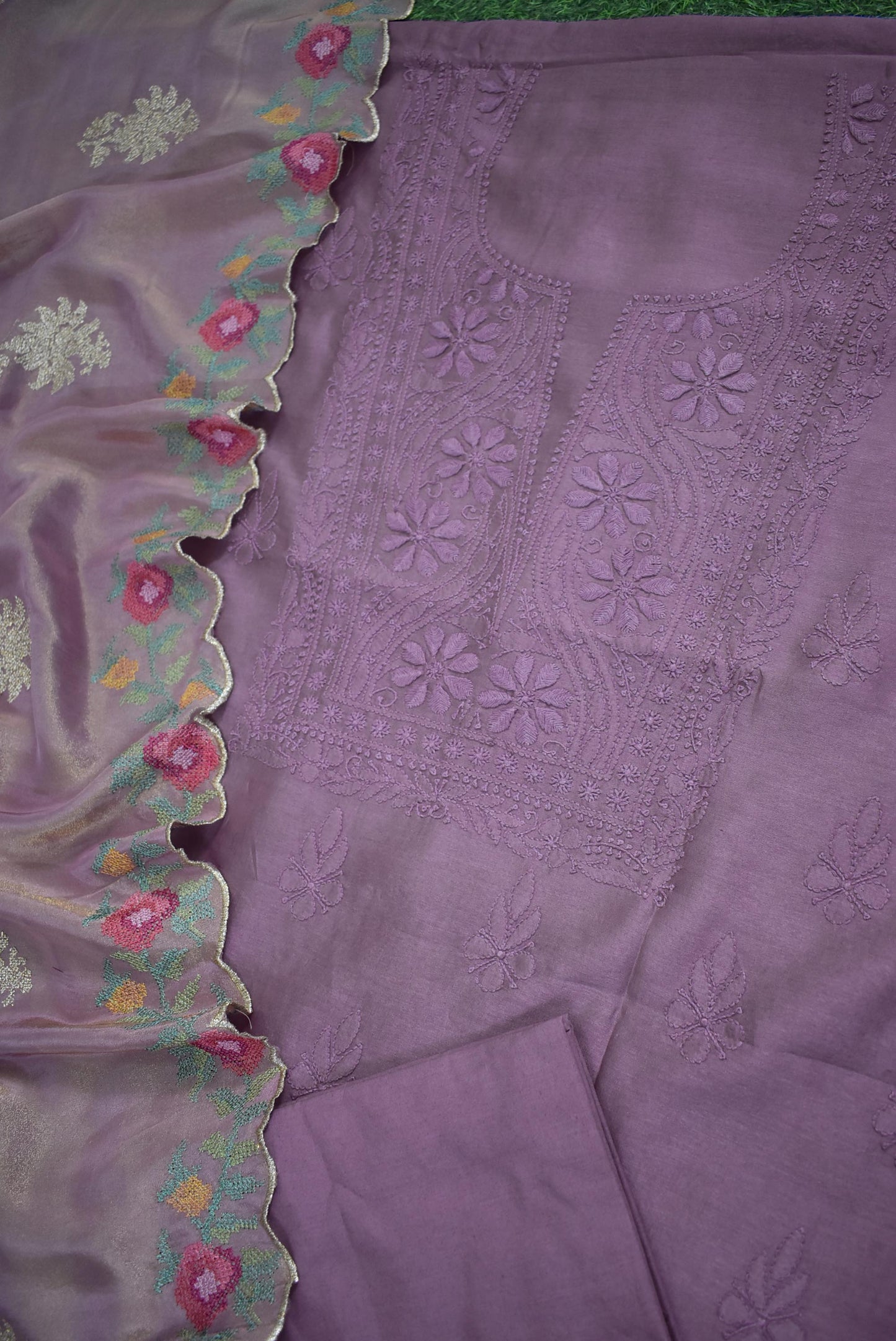 Exquisite Hand Chikankari Chanderi Kurta Fabric with Embroidered Georgette Tissue Dupatta & cotton bottom