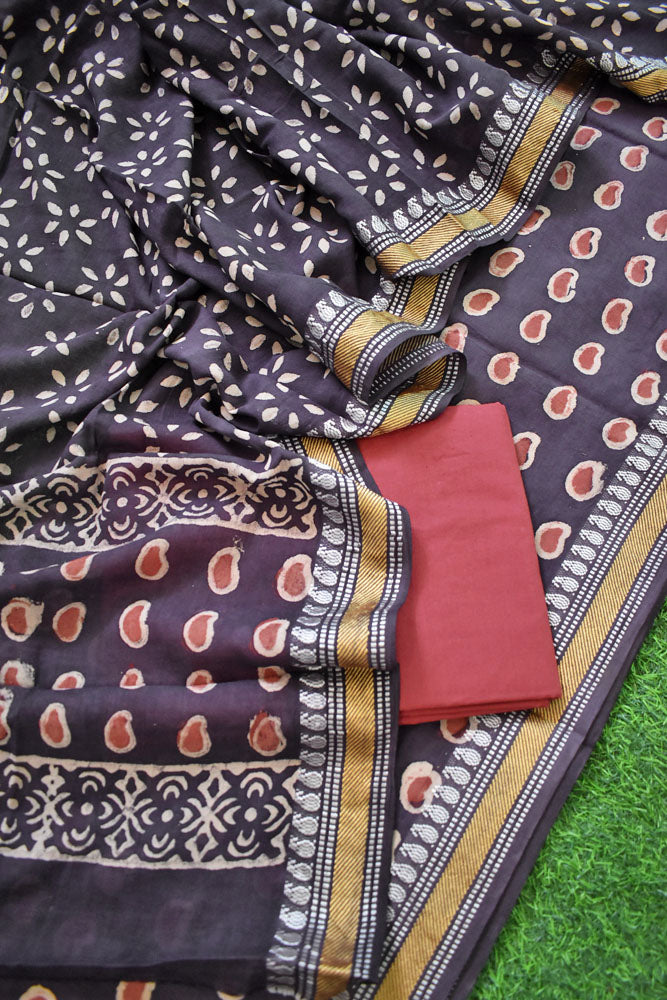 Beautiful Hand Block Printed Cotton unstitched suit fabric with Woven Borders Cotton dupatta